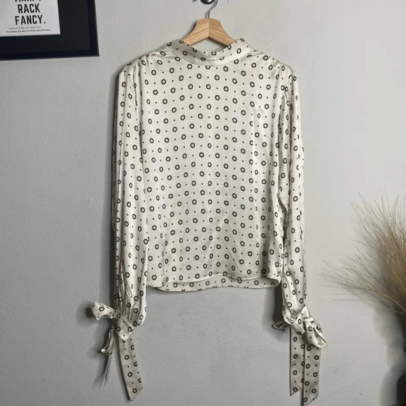 Anine Bing blouse silk long sleeve Esther pattern tie too in champagne. - Picture 2 of 8